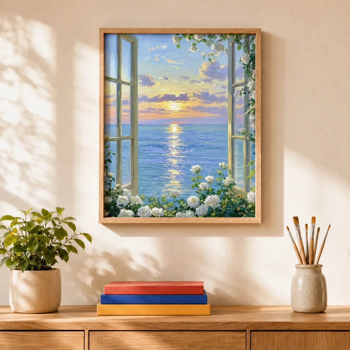 Sunset Window Paint by Numbers Kit: finished canvas displayed in a living room