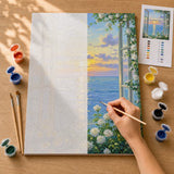 Sunset Window Paint by Numbers Kit: before and after: numbered canvas and hand painted result