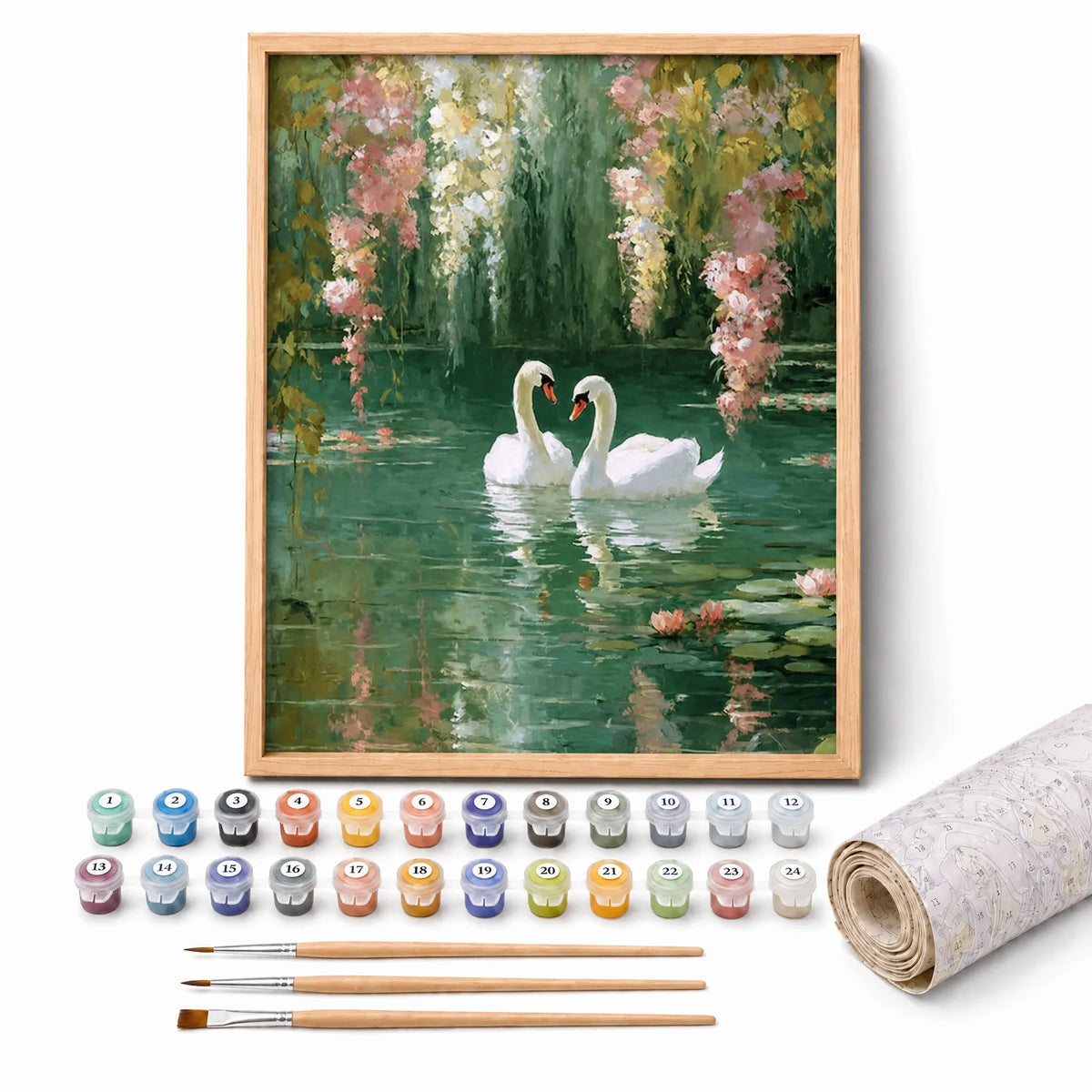 Swan Lake Paint by Numbers Kit: complete kit with framed artwork, numbered paint pots and brushes