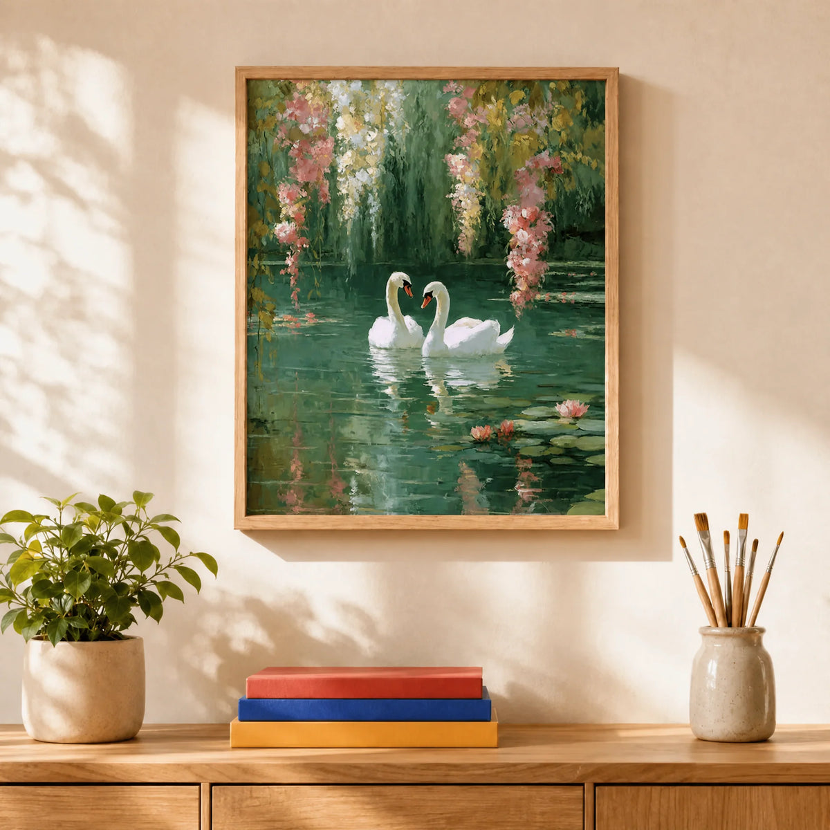 Swan Lake Paint by Numbers Kit: finished canvas displayed in a living room