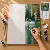 Swan Lake Paint by Numbers Kit: before and after: numbered canvas and hand painted result