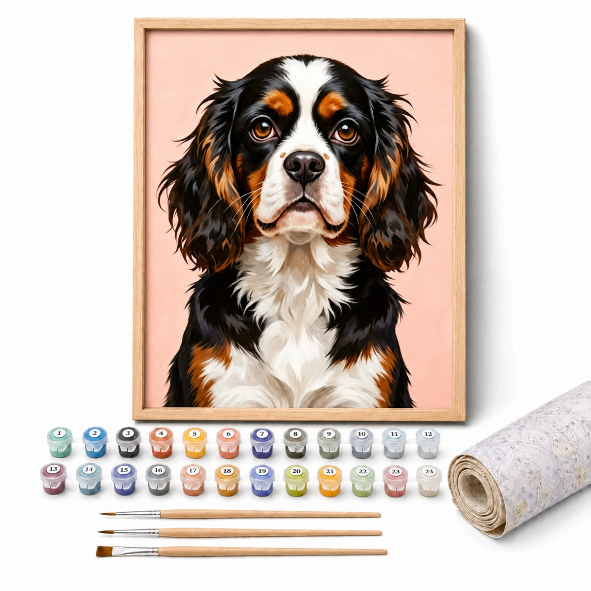 Sweet Cavalier Paint by Numbers Kit: complete kit with framed artwork, numbered paint pots and brushes