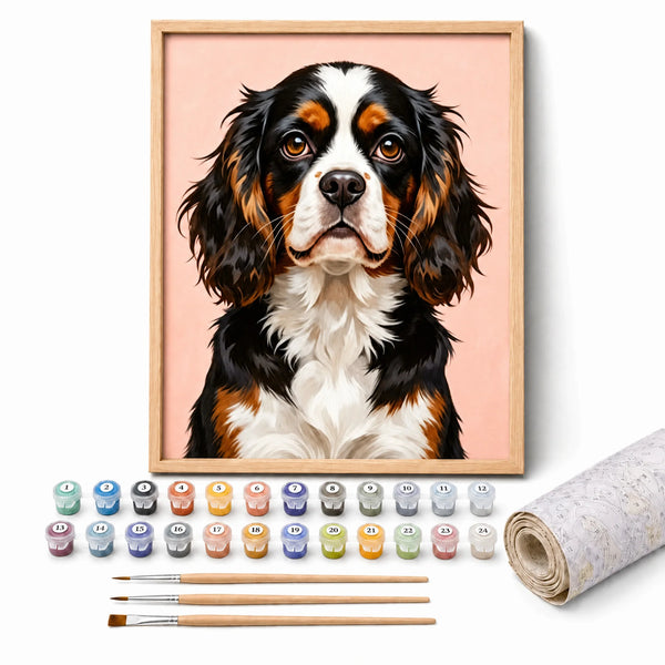 Sweet Cavalier Paint by Numbers Kit: complete kit with framed artwork, numbered paint pots and brushes