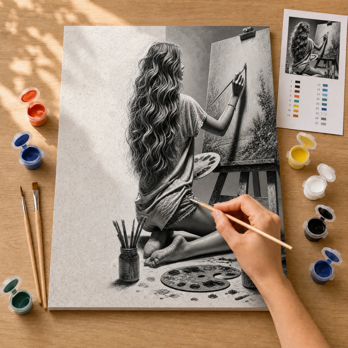 The Artist Paint by Numbers Kit: before and after: numbered canvas and hand painted result