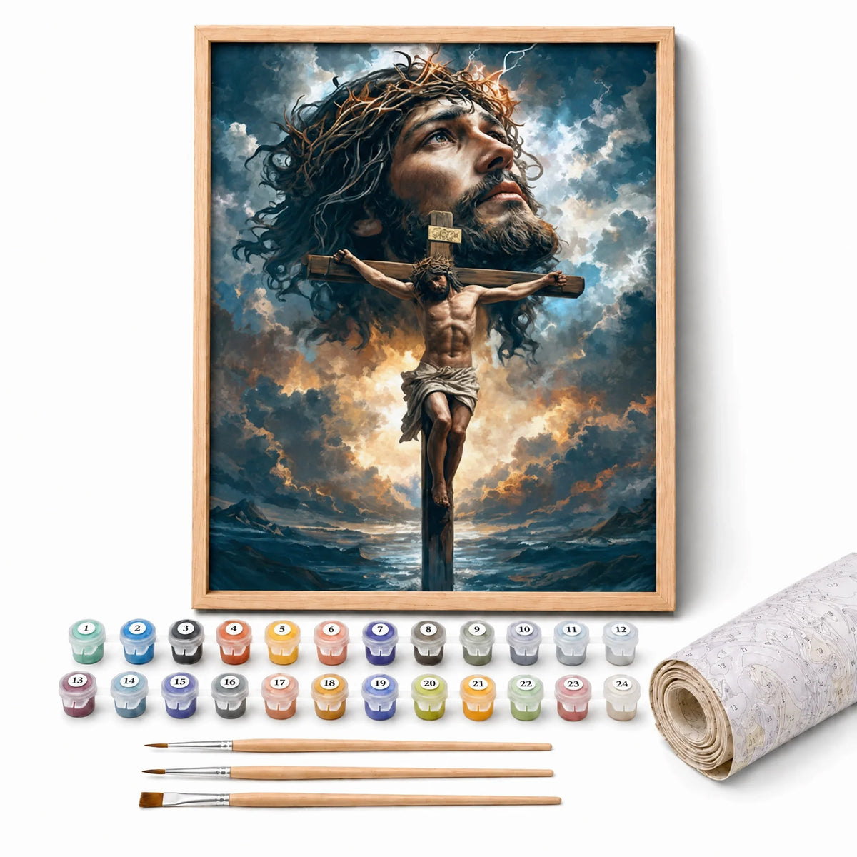 The Cross Paint by Numbers Kit: complete kit with framed artwork, numbered paint pots and brushes