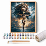 The Cross Paint by Numbers Kit: complete kit with framed artwork, numbered paint pots and brushes