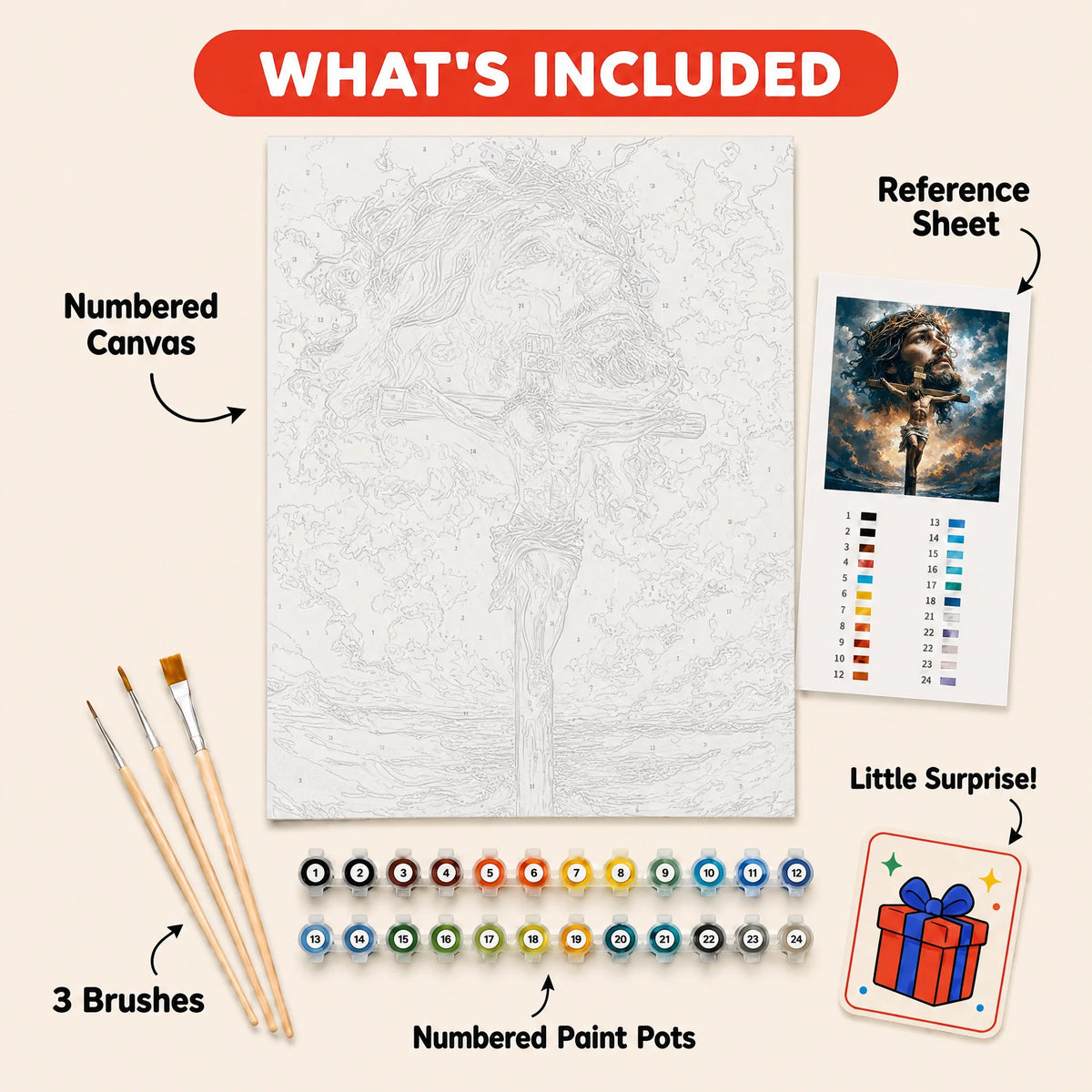The Cross Paint by Numbers Kit: everything included in the kit