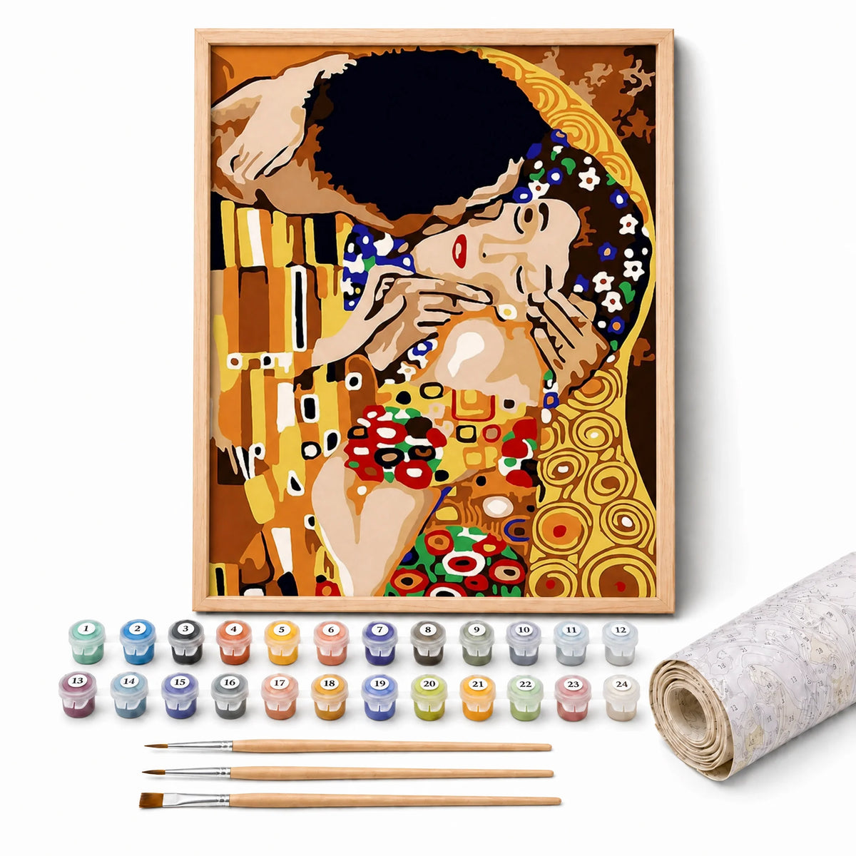 The Golden Kiss Paint by Numbers Kit: complete kit with framed artwork, numbered paint pots and brushes