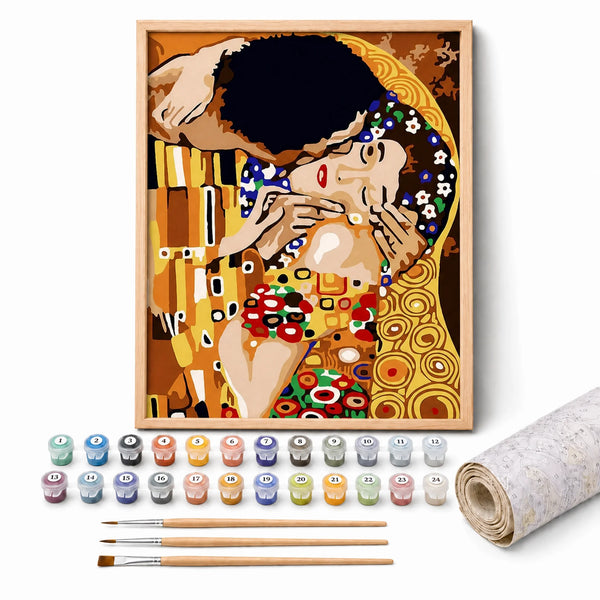 The Golden Kiss Paint by Numbers Kit: complete kit with framed artwork, numbered paint pots and brushes