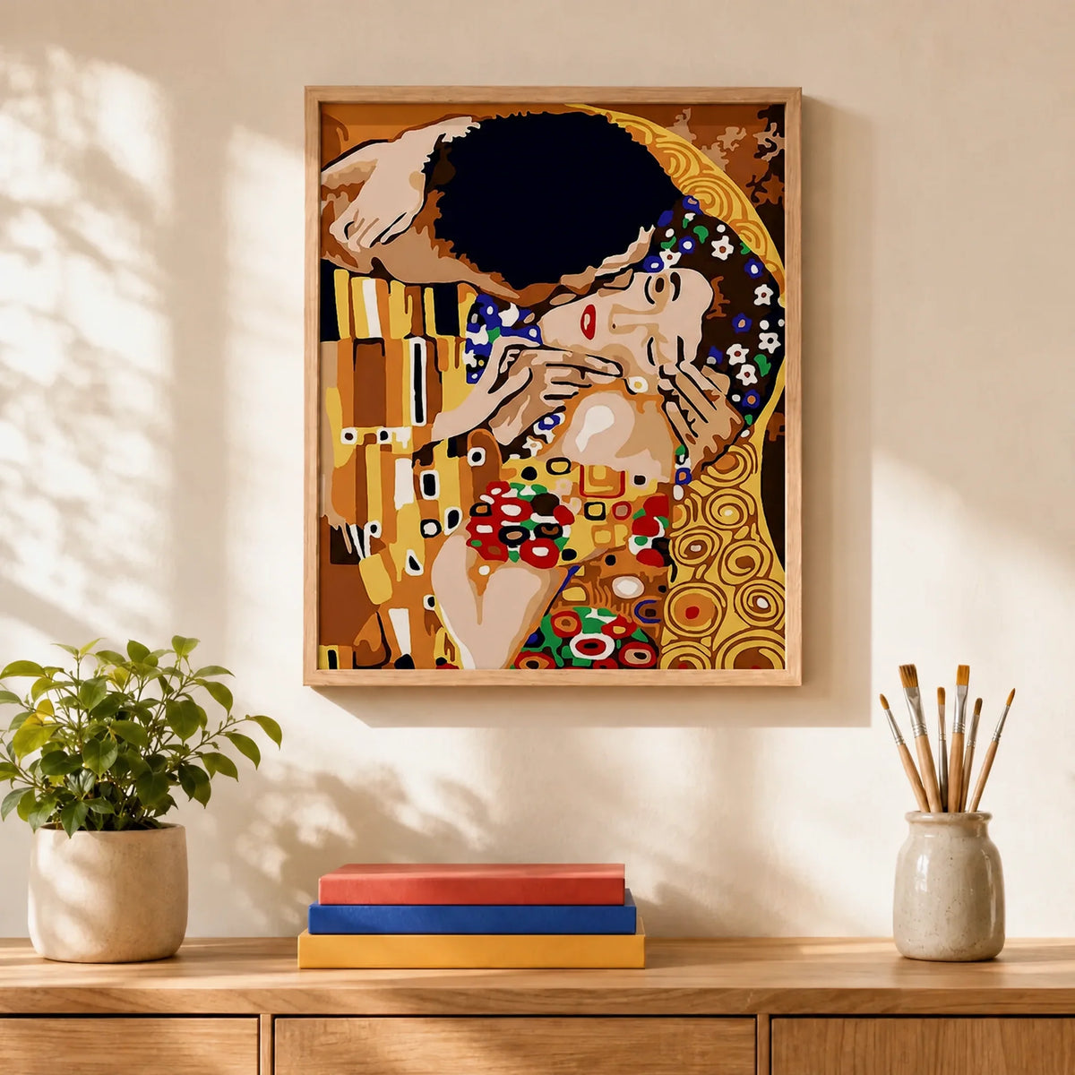 The Golden Kiss Paint by Numbers Kit: finished canvas displayed in a living room