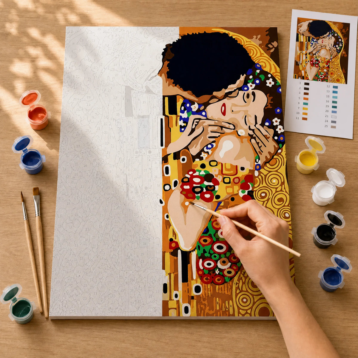 The Golden Kiss Paint by Numbers Kit: before and after: numbered canvas and hand painted result