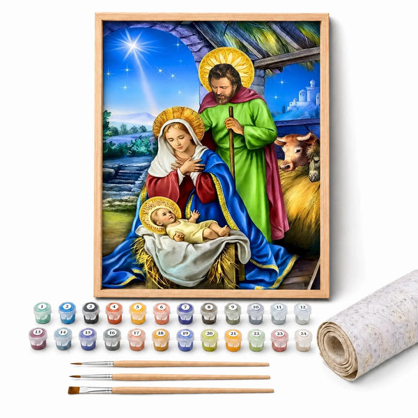 The Nativity Paint by Numbers Kit: complete kit with framed artwork, numbered paint pots and brushes