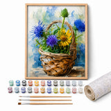 Thistle Basket Paint by Numbers Kit: complete kit with framed artwork, numbered paint pots and brushes