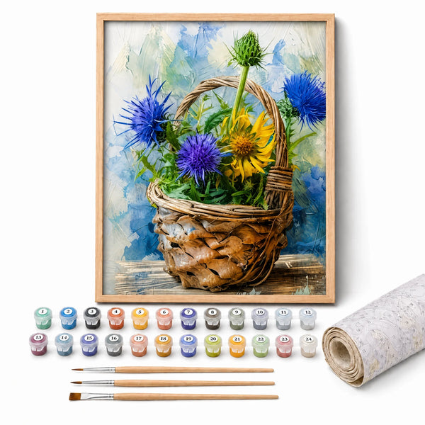 Thistle Basket Paint by Numbers Kit: complete kit with framed artwork, numbered paint pots and brushes