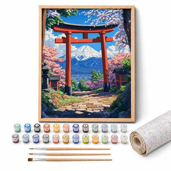 Torii Gate Fuji Paint by Numbers Kit: complete kit with framed artwork, numbered paint pots and brushes