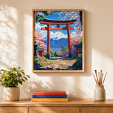 Torii Gate Fuji Paint by Numbers Kit: finished canvas displayed in a living room