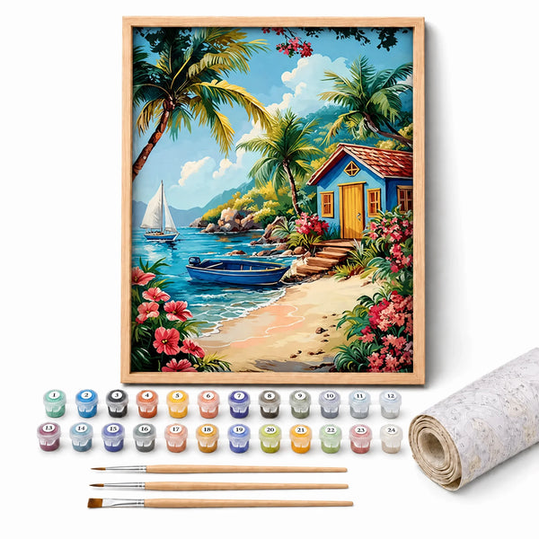 Tropical Beach House Paint by Numbers Kit: complete kit with framed artwork, numbered paint pots and brushes