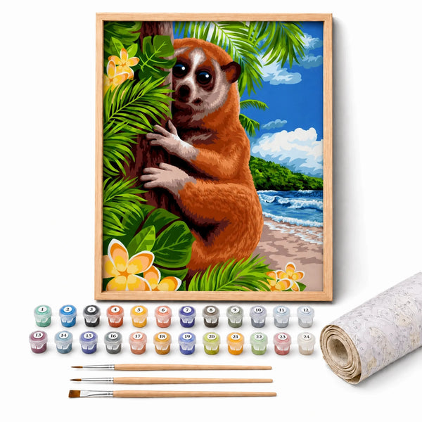 Tropical Loris Paint by Numbers Kit: complete kit with framed artwork, numbered paint pots and brushes
