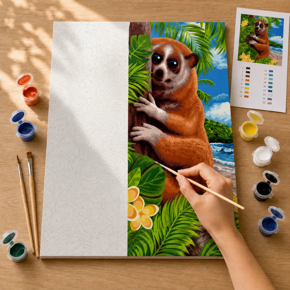 Tropical Loris Paint by Numbers Kit: before and after: numbered canvas and hand painted result