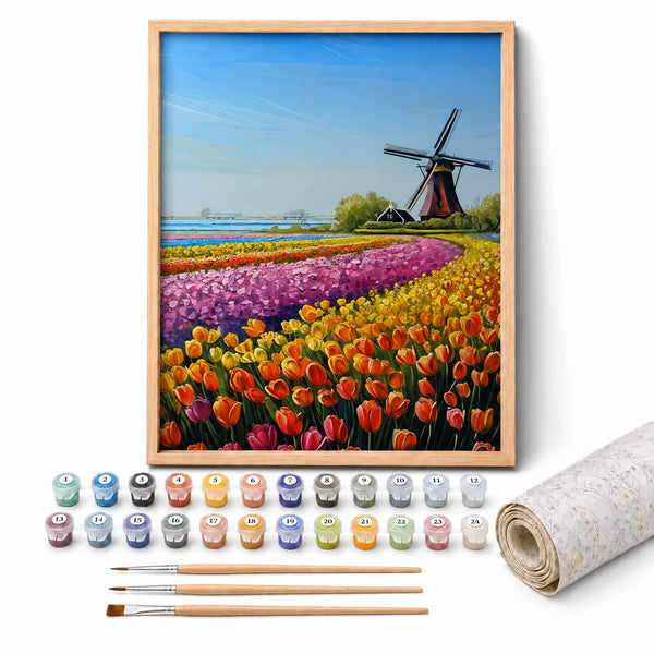 Tulip Fields Windmill Paint by Numbers Kit: complete kit with framed artwork, numbered paint pots and brushes