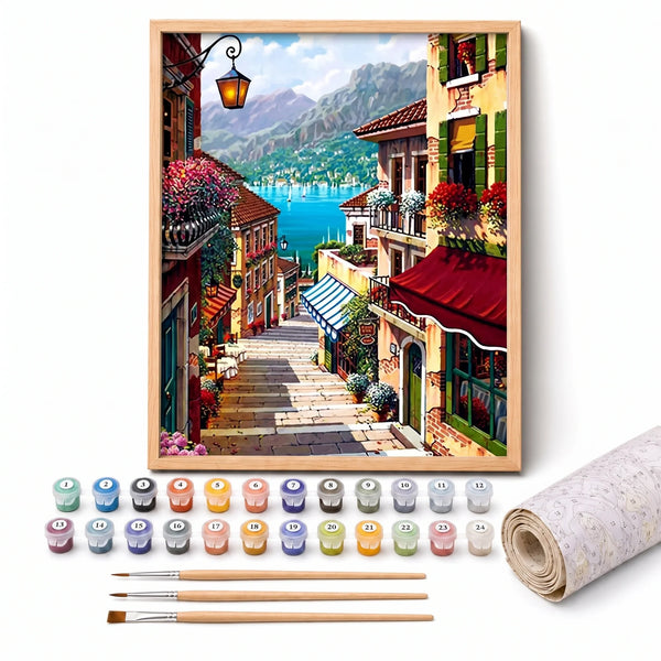 Village Steps Paint by Numbers Kit: complete kit with framed artwork, numbered paint pots and brushes
