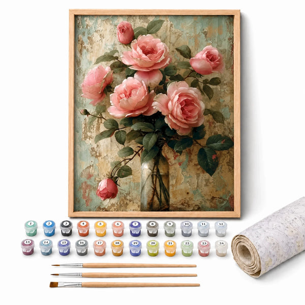 Vintage Roses Paint by Numbers Kit: complete kit with framed artwork, numbered paint pots and brushes