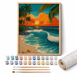 Vintage Sunset Surf Paint by Numbers Kit: complete kit with framed artwork, numbered paint pots and brushes
