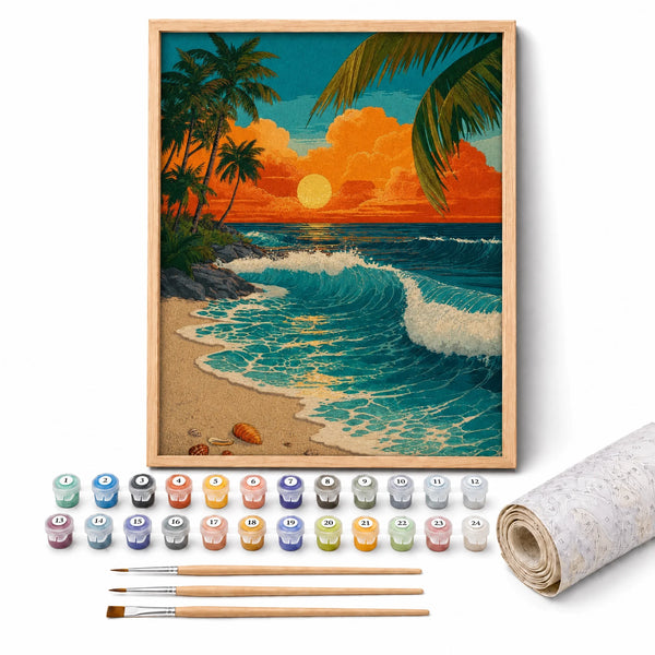 Vintage Sunset Surf Paint by Numbers Kit: complete kit with framed artwork, numbered paint pots and brushes
