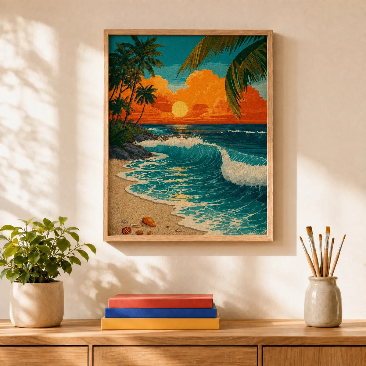 Vintage Sunset Surf Paint by Numbers Kit: finished canvas displayed in a living room