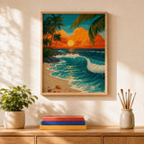 Vintage Sunset Surf Paint by Numbers Kit: finished canvas displayed in a living room