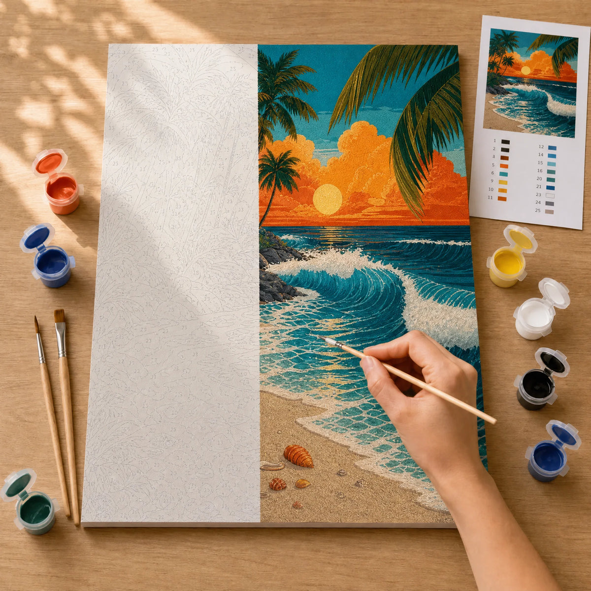 Vintage Sunset Surf Paint by Numbers Kit: before and after: numbered canvas and hand painted result