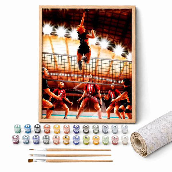 Volleyball Ace Paint by Numbers Kit: complete kit with framed artwork, numbered paint pots and brushes