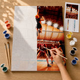 Volleyball Ace Paint by Numbers Kit: before and after: numbered canvas and hand painted result