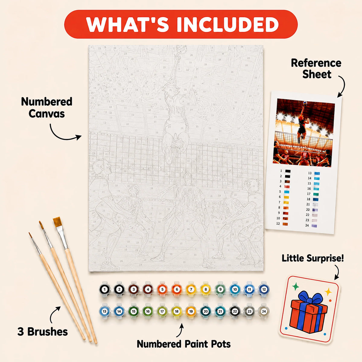 Volleyball Ace Paint by Numbers Kit: everything included in the kit