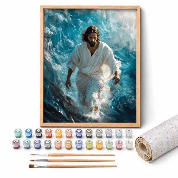 Walking on Water Paint by Numbers Kit: complete kit with framed artwork, numbered paint pots and brushes
