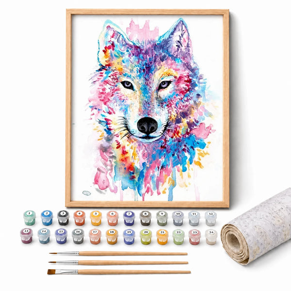 Watercolor Wolf Paint by Numbers Kit: complete kit with framed artwork, numbered paint pots and brushes