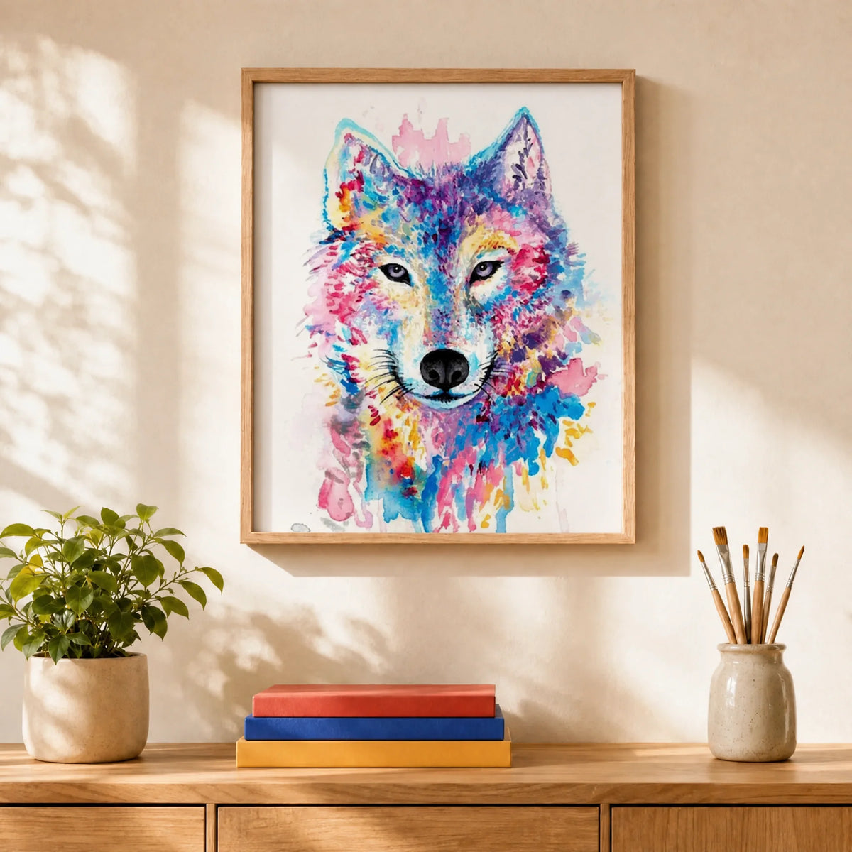 Watercolor Wolf Paint by Numbers Kit: finished canvas displayed in a living room