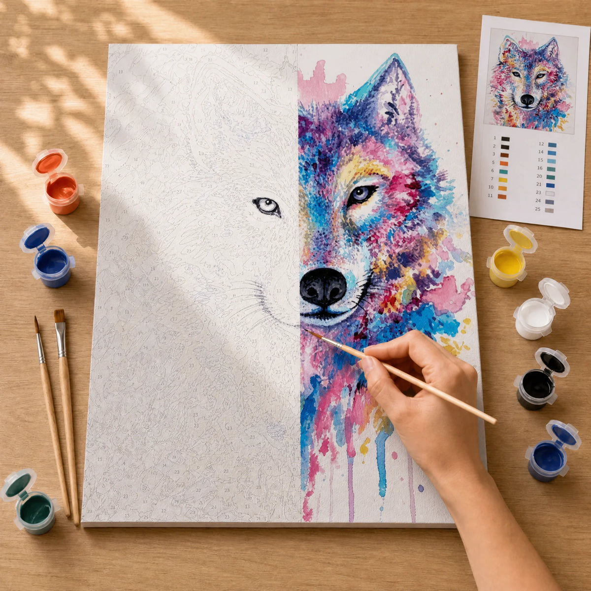 Watercolor Wolf Paint by Numbers Kit: before and after: numbered canvas and hand painted result