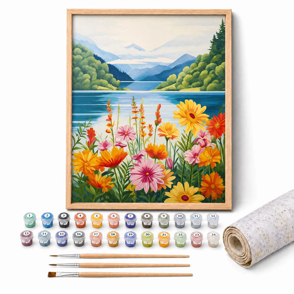 Wildflower Lake Paint by Numbers Kit: complete kit with framed artwork, numbered paint pots and brushes