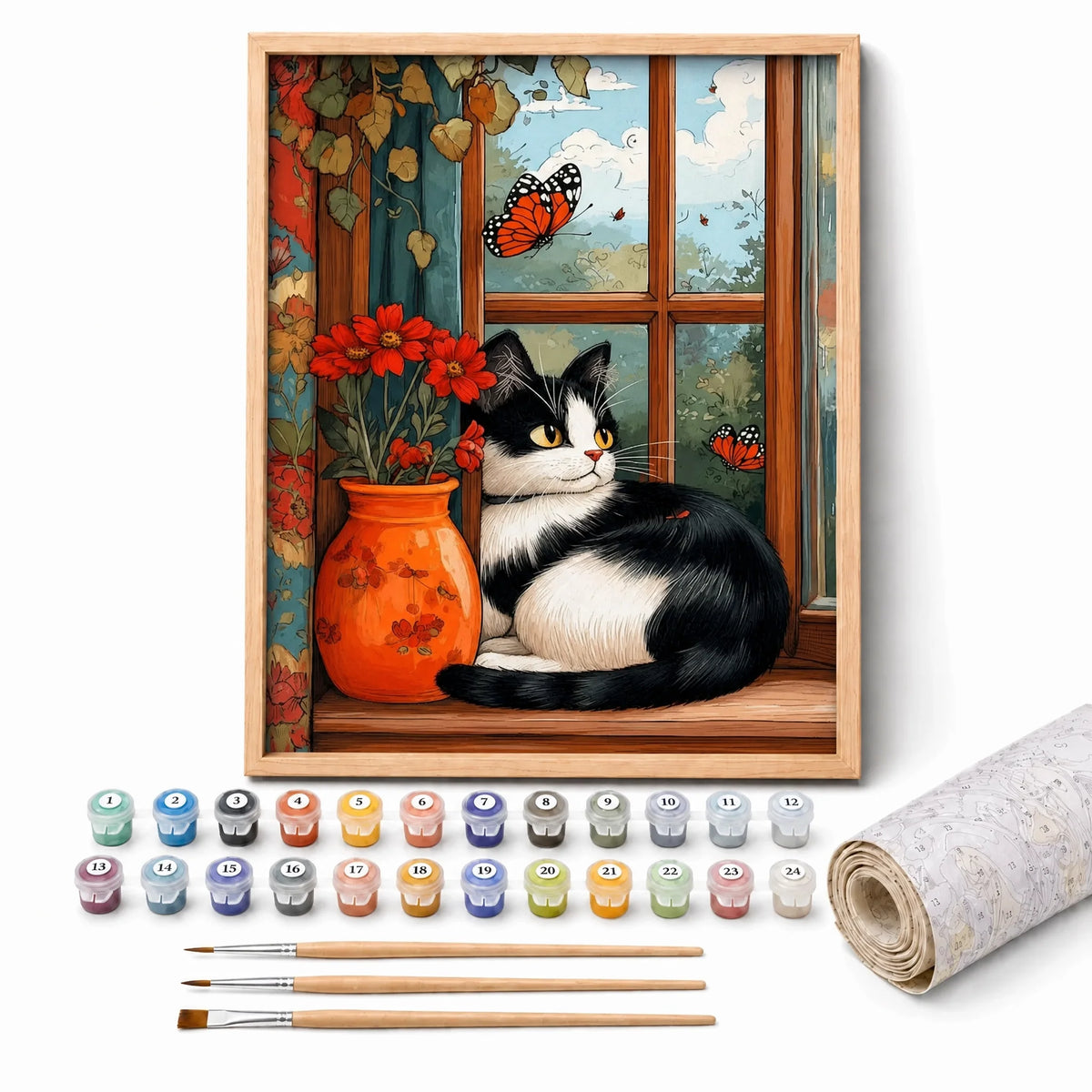 Window Cat and Poppies Paint by Numbers Kit: complete kit with framed artwork, numbered paint pots and brushes