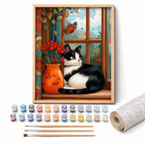 Window Cat and Poppies Paint by Numbers Kit: complete kit with framed artwork, numbered paint pots and brushes