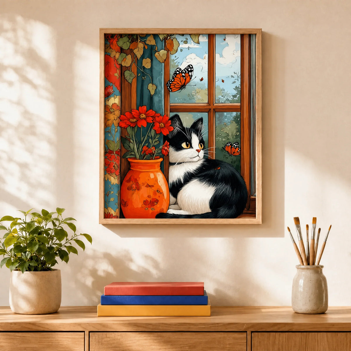Window Cat and Poppies Paint by Numbers Kit: finished canvas displayed in a living room