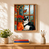 Window Cat and Poppies Paint by Numbers Kit: finished canvas displayed in a living room