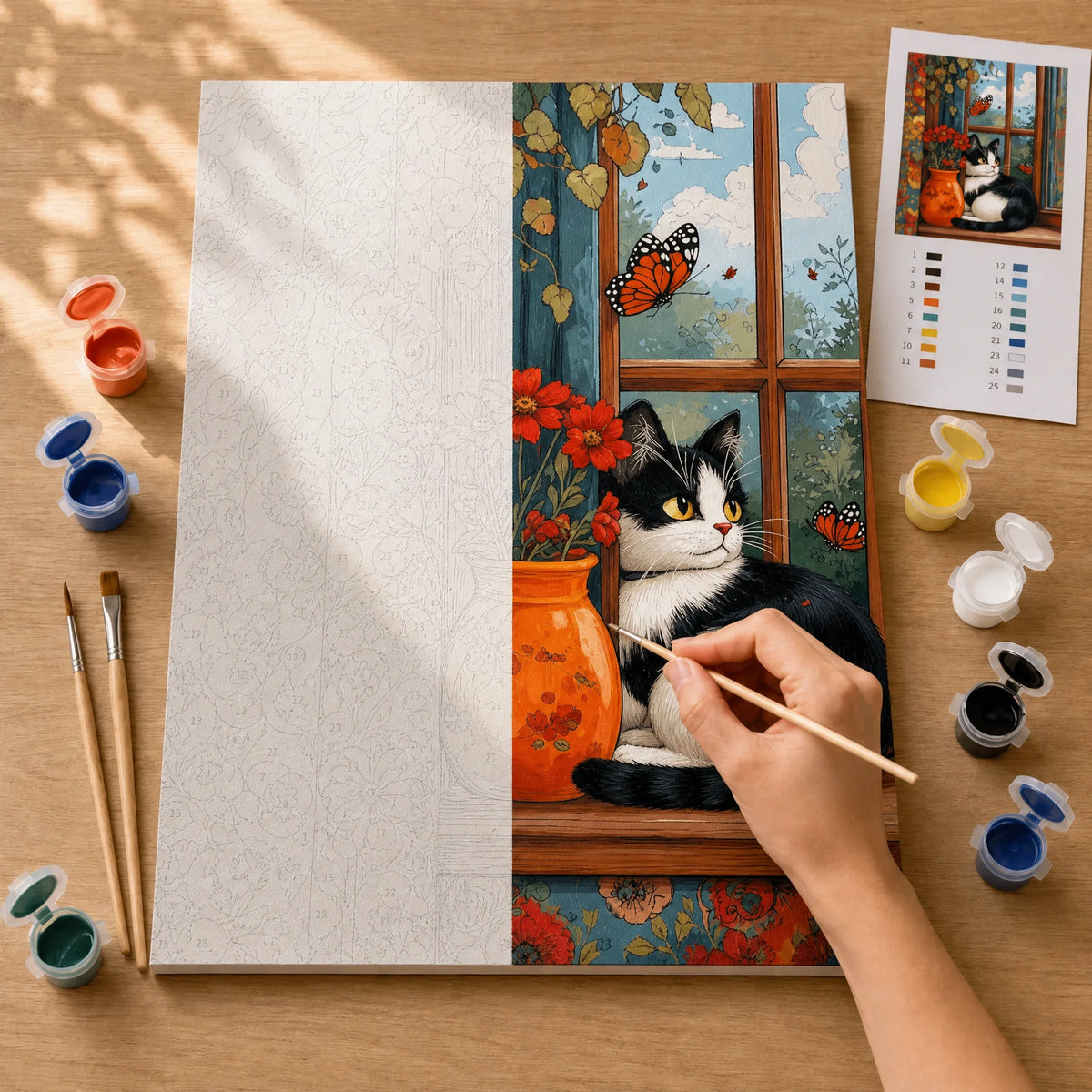 Window Cat and Poppies Paint by Numbers Kit: before and after: numbered canvas and hand painted result