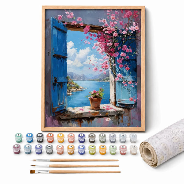 Window on the Bay Paint by Numbers Kit: complete kit with framed artwork, numbered paint pots and brushes