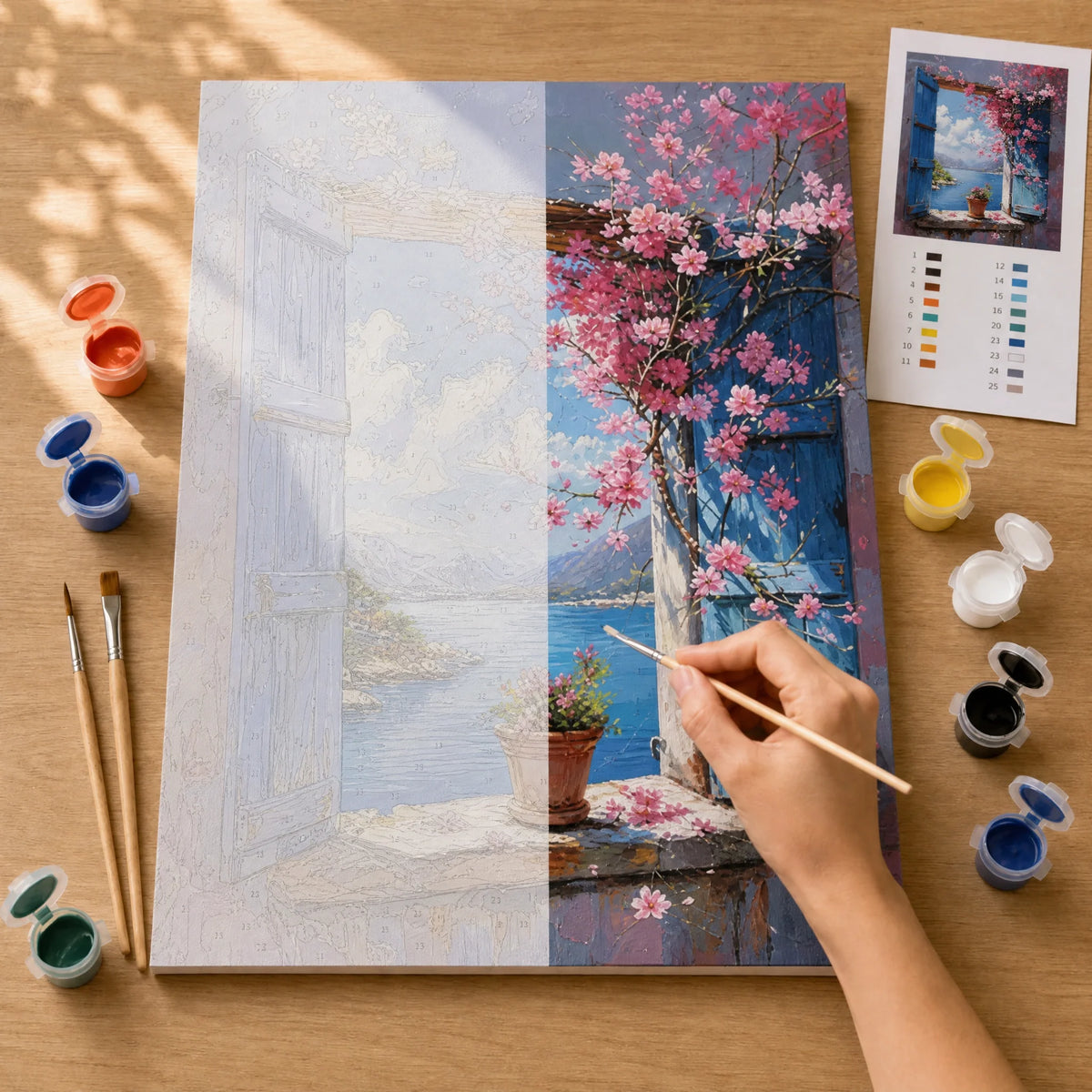 Window on the Bay Paint by Numbers Kit: before and after: numbered canvas and hand painted result