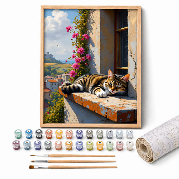 Windowsill Nap Paint by Numbers Kit: complete kit with framed artwork, numbered paint pots and brushes