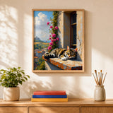 Windowsill Nap Paint by Numbers Kit: finished canvas displayed in a living room