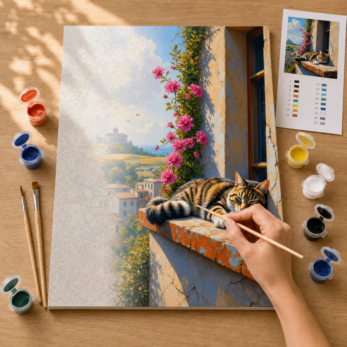 Windowsill Nap Paint by Numbers Kit: before and after: numbered canvas and hand painted result