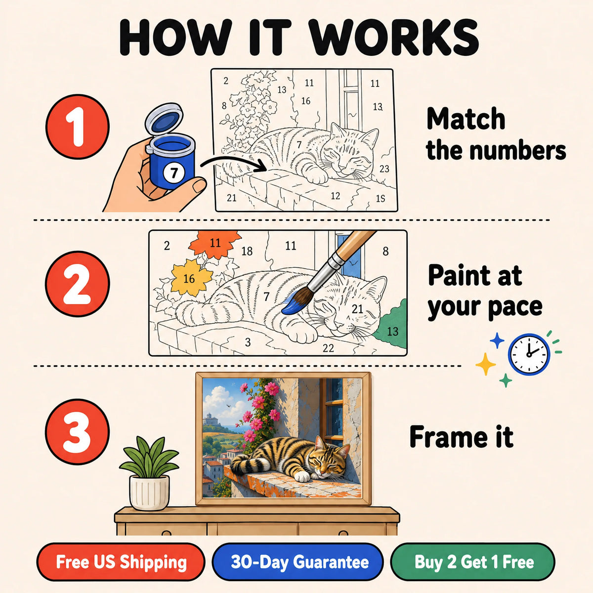 Windowsill Nap Paint by Numbers Kit: how paint by numbers works step by step